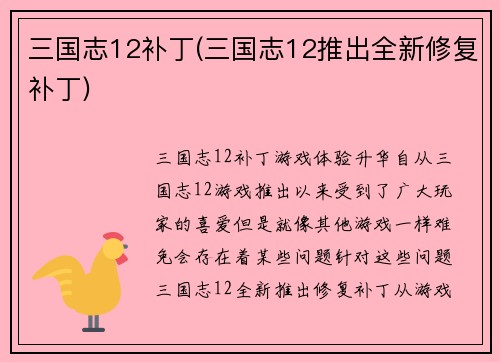 三国志12补丁(三国志12推出全新修复补丁)